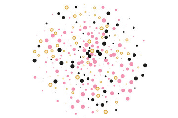 Background with Golden, black and pink glitter, confetti. Random Polka dots, circles, round. Bright festive, festival pattern