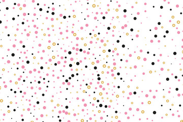 Background with Golden, black and pink glitter, confetti. Random Polka dots, circles, round. Bright festive, festival pattern