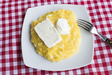 Polenta with Cheese and Sour Cream in a Plate