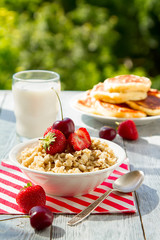 summer berry Breakfast with oatmeal in nature