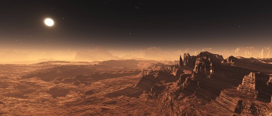 Martian landscape, Mars at sunset, Martian surface, panorama of Mars,  3D rendering   © ustas
