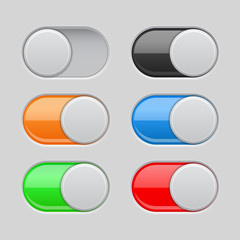 On and Off toggle switch buttons. Colored set of 3d slider icons