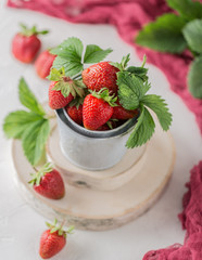 Fresh juicy strawberries with leaves. Strawberry background. Healthy food concept. Fresh organic berries