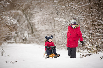 Fototapeta na wymiar Two siblings walking in a winter park. Children outdoors. Brother pulling sled with a toddler boy sitting on it. Lifestyle and winter concept.