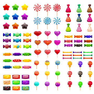 Supe set of different sweets on black background hard candies dragee jelly beans peppermint candy. Vector illustration,