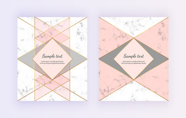 Modern cover with geometric design golden lines, pink and grey triangular shapes. Fashion backgrounds for invitation, wedding, placard, birthday, brochure, banner, cover, layout, card, flyer