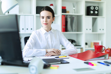 A young girl is sitting at the computer desk in the office.