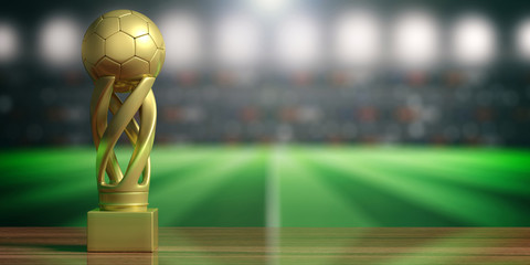 Soccer football golden trophy on blur stadium background. 3d illustration © Rawf8