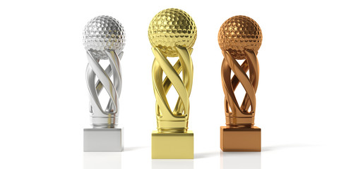 Golf golden, silver and bronze trophies isolated on white background. 3d illustration