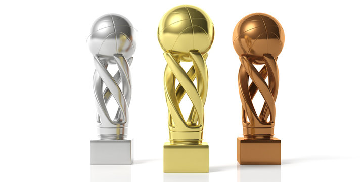 Basketball golden, silver and bronze trophies isolated on white background. 3d illustration