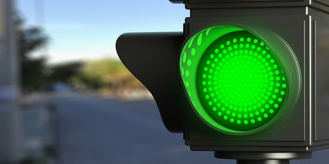 Green traffic lights on blur street background, copy space. 3d illustration
