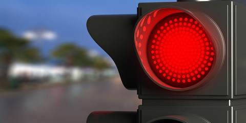 Red traffic lights on blur street background, copy space. 3d illustration