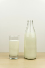 a glass of milk and milk bottle on the wooden table, white background