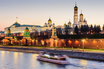 Sunset view of Moscow Kremlin and Moscow river. Architecture and landmarks of Moscow.