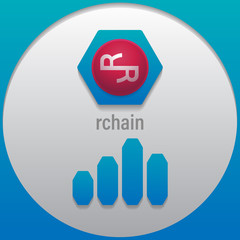 RChain. Crypto currency sign emblem color with a bar graph. Use for logos, icon, print products, page, design web site and mobile app. Vector illustration.