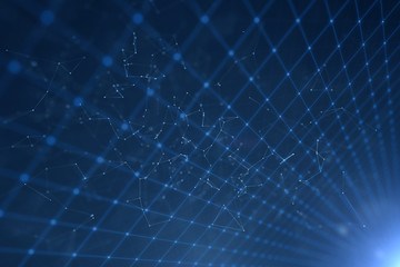 Artistic blurred computer network net cyberspace with lines and dots illustration background. Selective focus used.