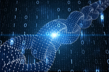 Futuristic blockchain chain with binary numbers on cryptocurrency binary numbers network illustration background. 
