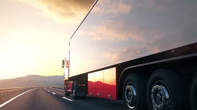 The camera follows a semi truck driving along a desert highway into the sunset. Low angle rear view camera. Realistic high quality 3d animation.