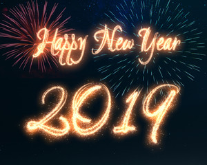 Happy New Year 2019 calligraphy written with sparkle fireworks displayed on a dark night sky. Shiny bright glowing festive holiday illustration for New Year's and season's greetings.