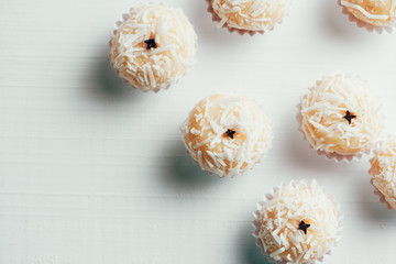 Beijinho is a handmade candy from Brazil. Made with condensed milk and coconut. Children brithday party sweet.