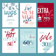 Eye catching summer sale mobile banners, ads and posters collection. Vector illustrations concept for shopping, e-commerce, internet advertising, social media ads and banners, marketing material.