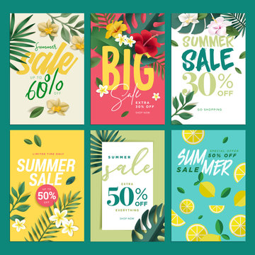 Eye catching summer sale mobile banners, ads and posters collection. Vector illustrations concept for shopping, e-commerce, internet advertising, social media ads and banners, marketing material.