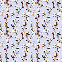 Seamless watercolor pattern with twigs and gentle fluffy cotton flowers, with color background