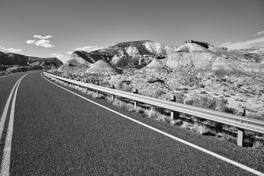 Black and white picture of a scenic road, Capitol Reef National Park, Utah, USA.