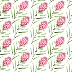 watercolor seamless pattern of tropical flowers and green leaves on a white background