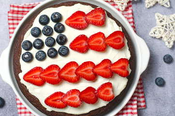 USA Flag Cake, Patriotic 4th of July Dessert, Brownie Decorated with Berries and Cream Cheese, Creative Food
