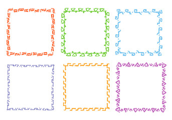 Crayon hand drawing square frames. Set of colorful rectangular ornate design element chalk or pencil like kid`s drawn style. Vector art strokes lines banner border, template, copy space background.