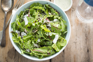 Quinoa & baby kale salad with sunflower seeds, shredded coconut, mixed quinoa and mint yoghurt dressing