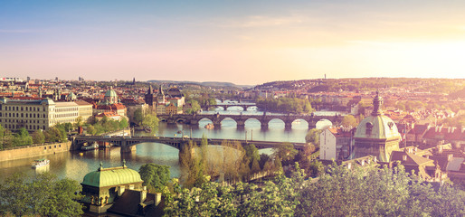 Fototapeta na wymiar Prague Bridges During the Summer Sunset, Panoramic View