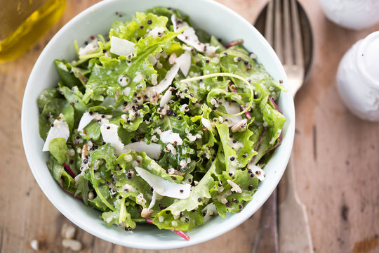 Quinoa & Baby Kale Salad With Sunflower Seeds, Shredded Coconut, Mixed Quinoa And Mint Yoghurt Dressing