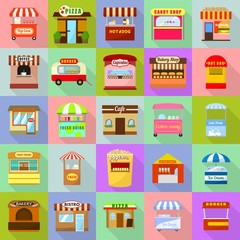 Street food kiosk icons set. Flat illustration of 25 street food kiosk vector icons for web
