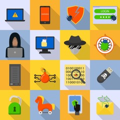 Cyber attack computer virus icons set. Flat illustration of 16 cyber attack computer virus vector icons for web