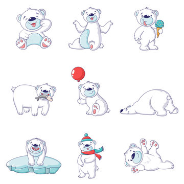 Polar bear baby white icons set. Cartoon illustration of 9 polar bear baby white vector icons for web