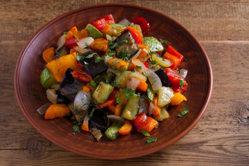 Vegetable stew: eggplant, pepper, tomato, zucchini, carrot and onion. Stewed vegetables