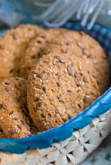 Cookies with sesame and sunflower seeds on plaid. Healthy eating