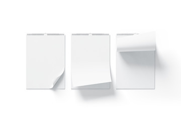 Blank white calendar mock up front view, curved corners set, isolated, 3d rendering. Empty almanac...