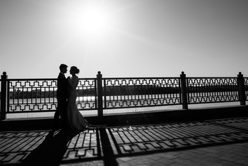 Wedding day. A young, sympathetic couple walking around the city on the background of the lake