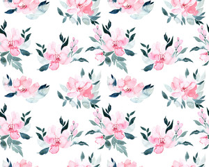 Watercolor seamless pattern with flower, isolated on white background.
