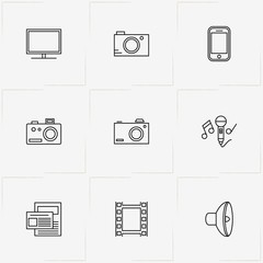 Media line icon set with loudspeaker, camera film  and microphone