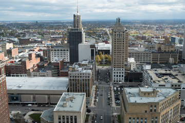 View of the city of Buffalo New York from a tall building. Overlooking Buffalo NY from above. View of urban Buffalo in upstate New York before a rainstorm. View of downtown Buffalo, NY.