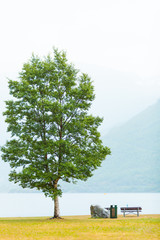 Picnic site table and benches near fjord in Norway,