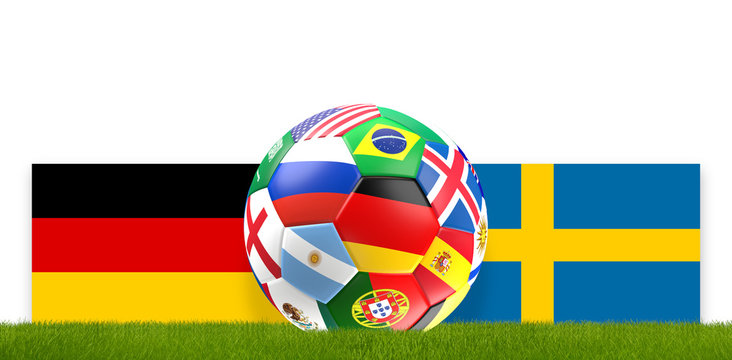 soccer ball russia flag design with flag of Germany and Sweden 3d rendering