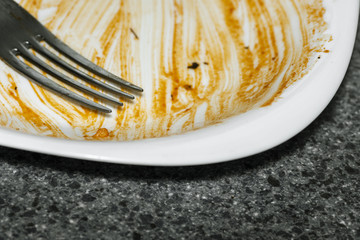 close-up of a plate with remains of tomato sauce with a fork on a wooden table