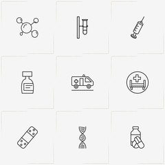 Medicine line icon set with molecule, medical bottle and medical patch