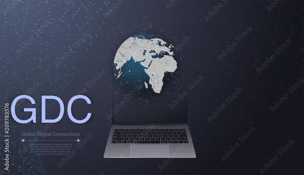 Aufkleber Digital Network Connections, Technology Background - Cloud Computing Design Concept with Earth Globe and World Map