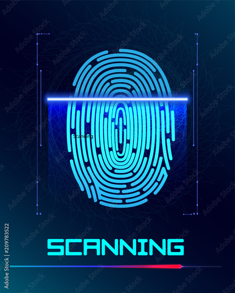Poster finger-print scanning identification system. biometric authorization and business security concept. 